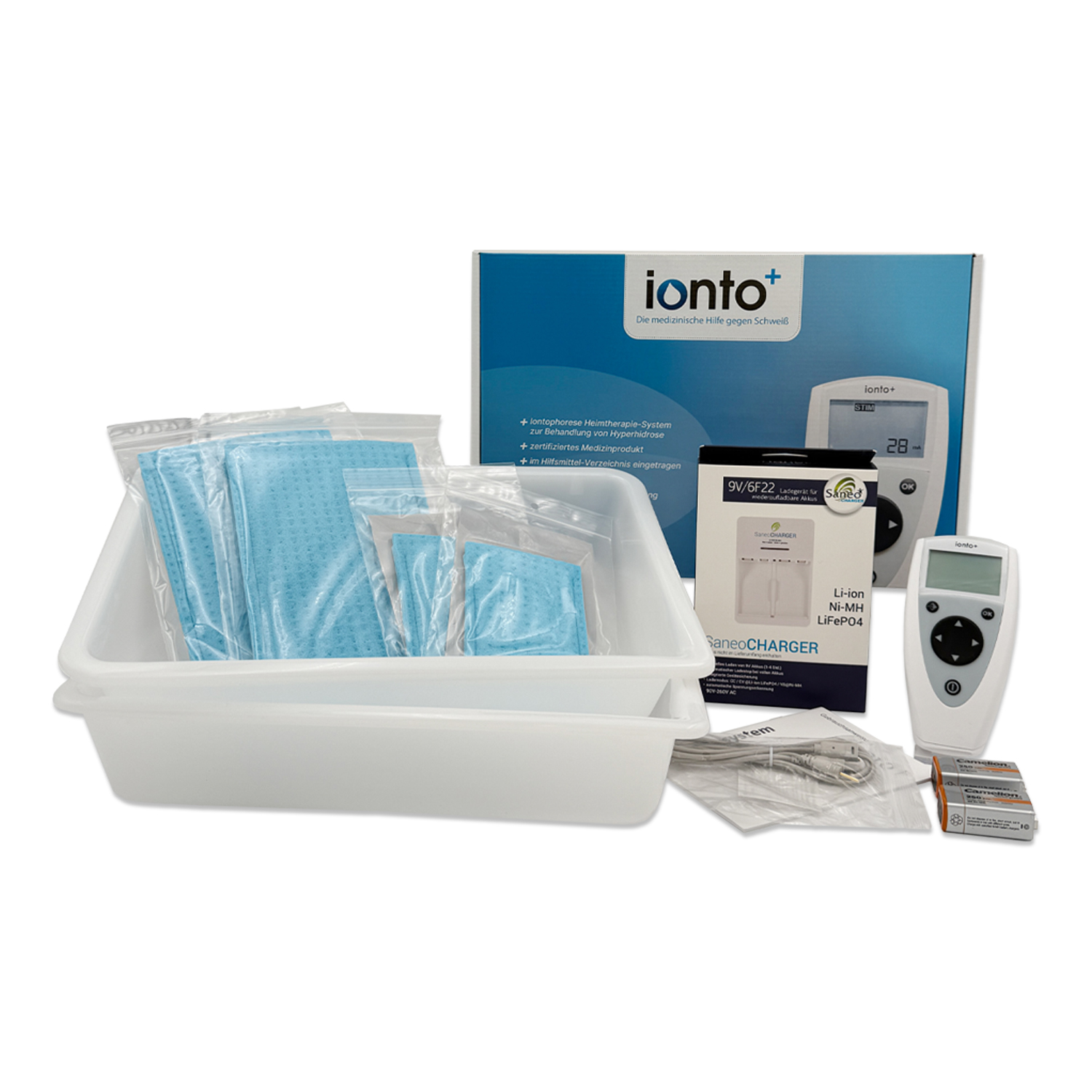 Leitungswasser-Iontophoresegerät ionto+ zur Anwendung bei starkem Schwitzen mit umfangreichem Zubehör